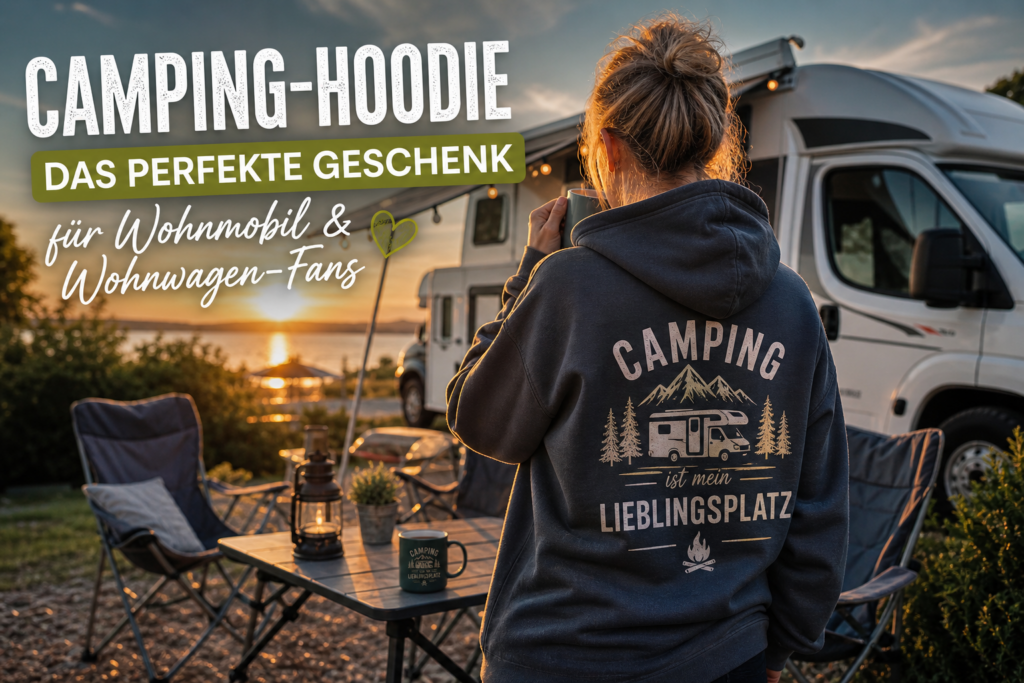 Eine Frau mit einem Hoodie steht auf einem Campingplatz