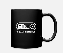 Kaffeebecher Campingmodus schwarz mit weißem Druck